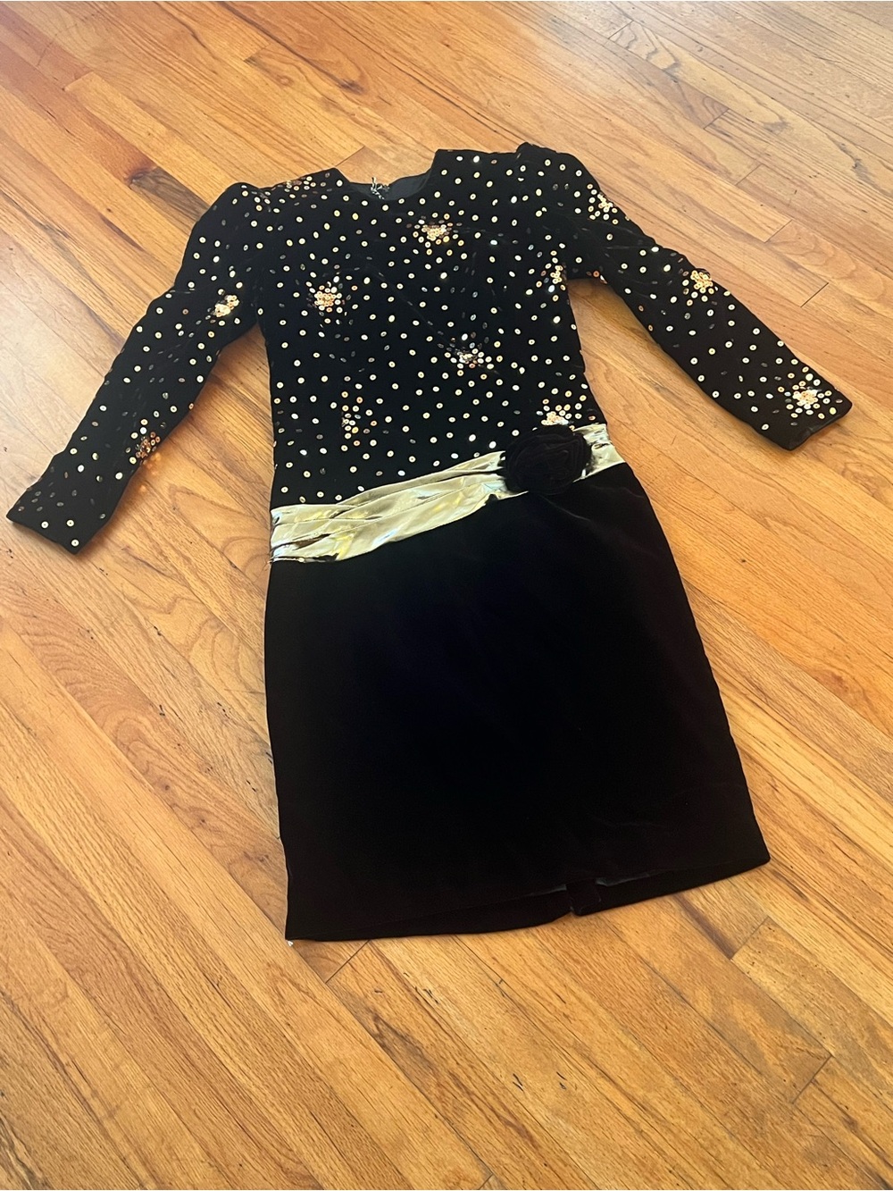 Vintage Black Velvet Long-Sleeve Dress with Gold Accents